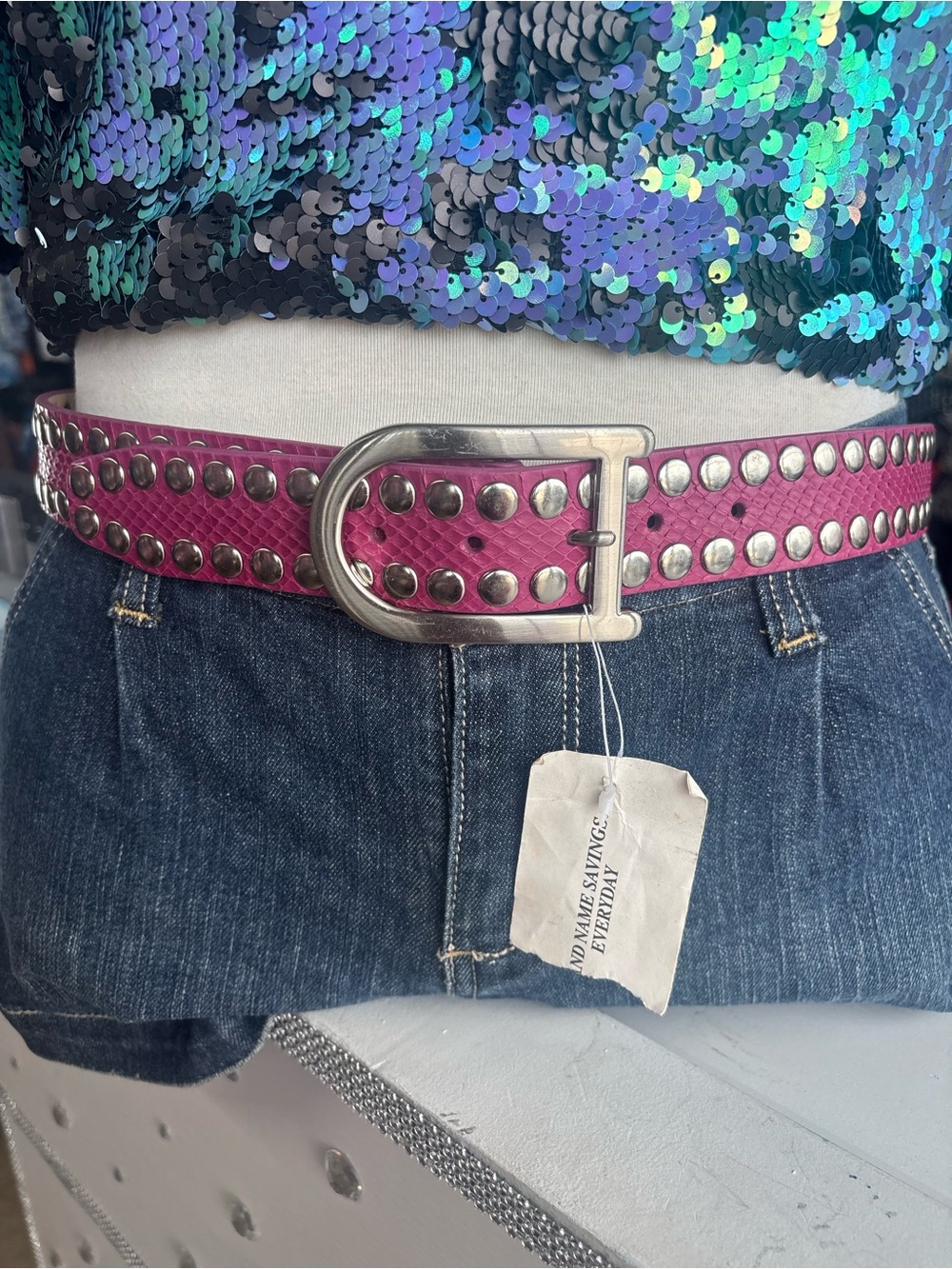 Vintage Y2K DKNY Pink Studded Leather Belt with Silver Buckle